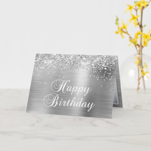 スパークリースシルバーファミリーフォトハッピーバースデー カード (黄色い花)