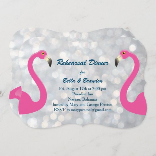 スパークリースシルバーフラミンゴリハーサルディナー招待状 招待状 (正面/裏面)