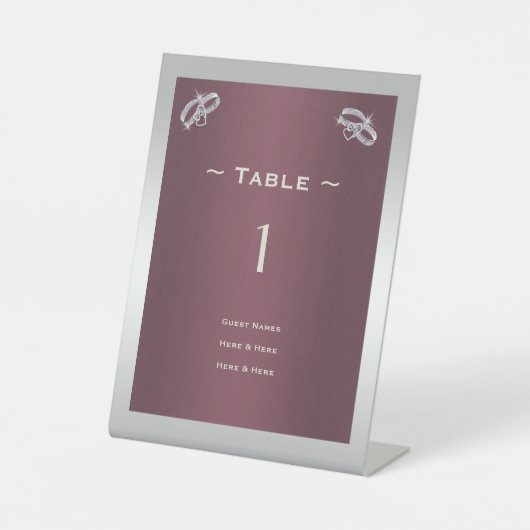 スパークリースシルバーリングや輪&バーガンディのテーブル番号 台座サイン (正面)