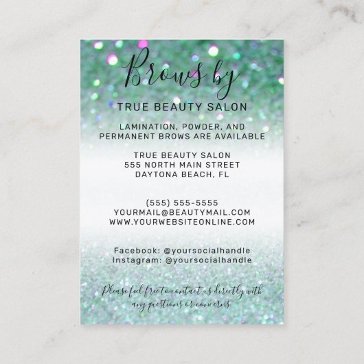 スパークリーティール（緑がかった色）グリーングリッターブローズアフターケアアイコン 名刺 (裏面)