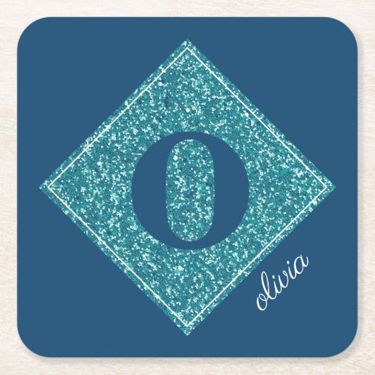 スパークリーティール(緑がかった色)ブルーグリッターコパーソナライズされたースター スクエアペーパーコースター (正面)