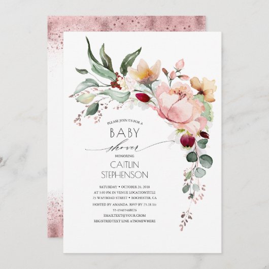 スパークリーバラ金ゴールドグリッターフローラベビーシャワー 招待状 (正面/裏面)