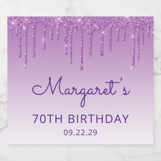 スパークリーパープルグリッター垂れ 70歳の誕生日パーティー スパークリングワインラベル (シングルラベル)