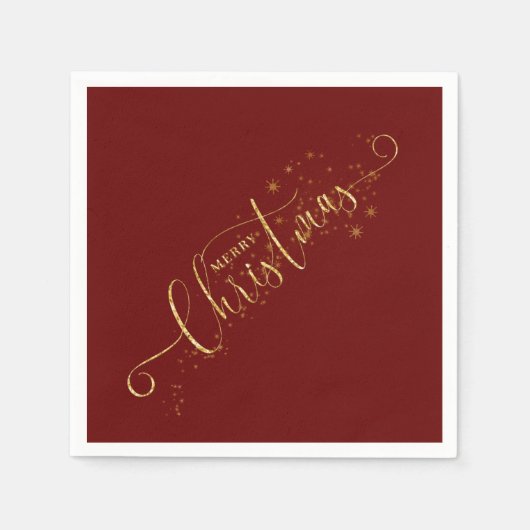 スパークリーフェイクス金ゴールドフレークメリークリスマスオンレッド スタンダードカクテルナプキン (正面)