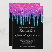 スパークリーブピンクティール（緑がかった色）グラデーションドリップブラックスウィート16 招待状 (正面/裏面)