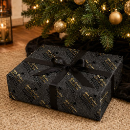 スパークリーブラックゴールドメリークリスマスハッピーニューイヤー ラッピングペーパー