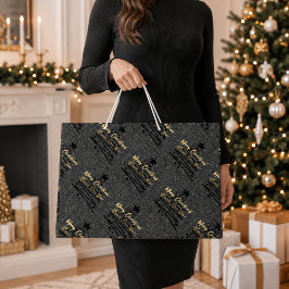 スパークリーブラックゴールドメリークリスマスハッピーニューイヤー ラージペーパーバッグ