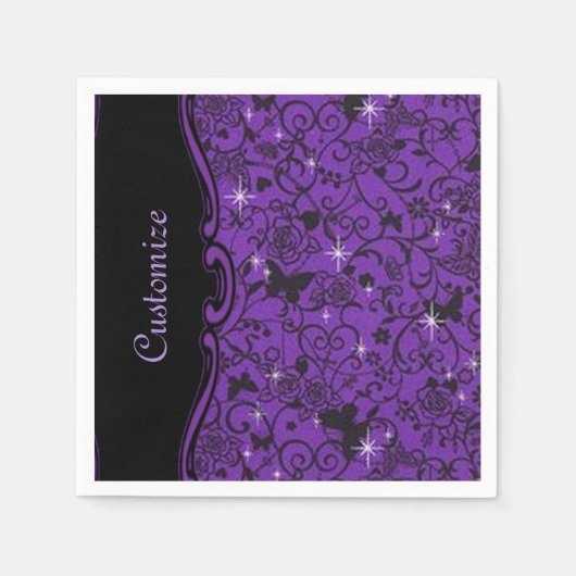 スパークリーブラック&パープルバタフライフローラナプキン スタンダードカクテルナプキン (正面)