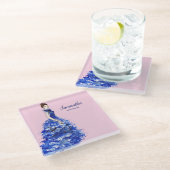 スパークリーブルーガウンを持つ美しい女性ファッション ガラスコースター (アングル)