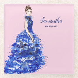 スパークリーブルーガウンを持つ美しい女性ファッション ガラスコースター