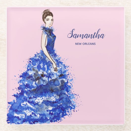 スパークリーブルーガウンを持つ美しい女性ファッション ガラスコースター (正面)