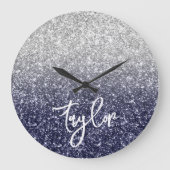 スパークリーラグジュアリーシルバーネイビーグリッター グラデーション ラージ壁時計 (正面)