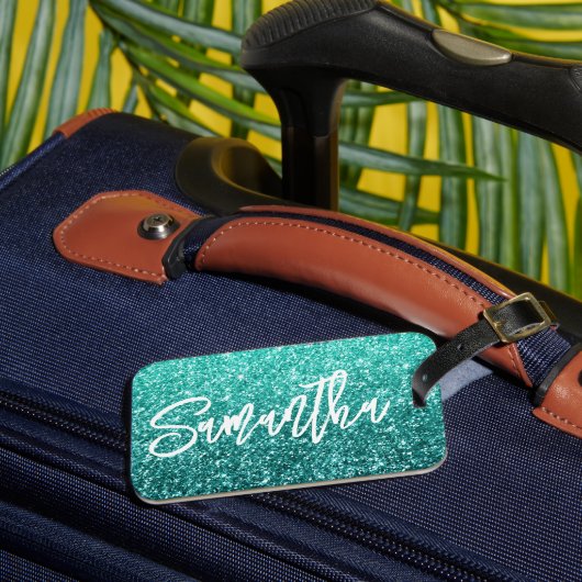 スパークリーラグジュアリーターコイズティール（緑がかった色）グラデーショングリッター ラゲッジタグ (正面インサイチュ3)