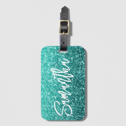 スパークリーラグジュアリーターコイズティール（緑がかった色）グラデーショングリッター ラゲッジタグ (正面縦)
