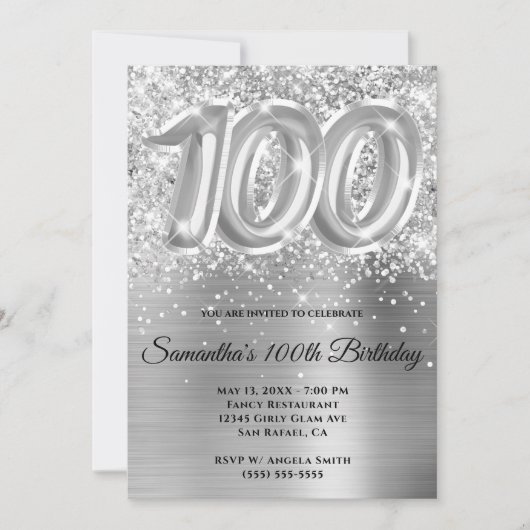 スパークリーラメ入りシルバーグラマー100歳の誕生日 招待状 (正面)