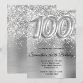 スパークリーラメ入りシルバーグラマー100歳の誕生日 招待状 (正面/裏面)