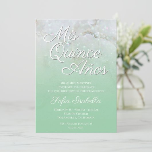 スパークリー大理石ミントグリーングラデーションミスカインスアニョス 招待状 (スタンド正面)