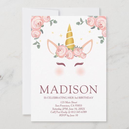 スパークリー星と花ユニコーン誕生日 招待状 (正面)