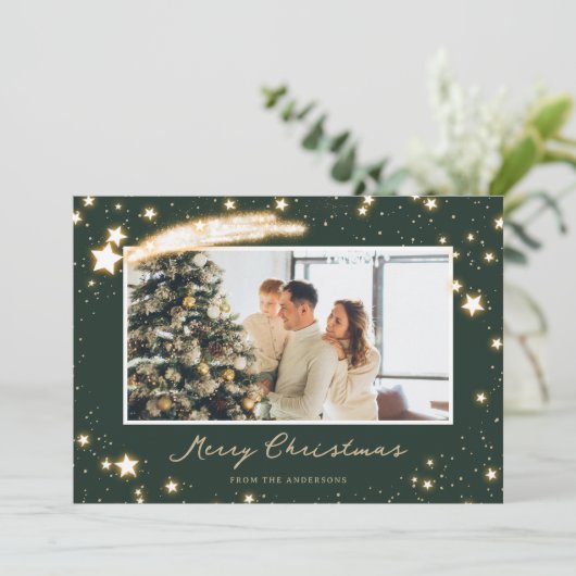 スパークリー星グリーンフォトクリスマスカード シーズンカード (スタンド正面)