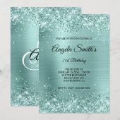 スパークリー淡い色のターコイズグリッターフォイルモノグラム 招待状 (正面/裏面)