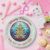 スパークリー緑のグリッターステンドグラスのクリスマスツリー ペーパープレート (パーティー)