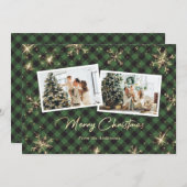 スパークリー緑の金ゴールド雪の結晶フォトクリスマス シーズンカード (正面/裏面)