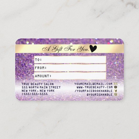 スパークリー薄紫パープル金ゴールドグリッタークレジットギフトカード 名刺 (裏面)