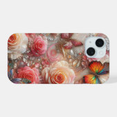 スパークリー蝶とバラ iPhone 15ケース (裏面横)