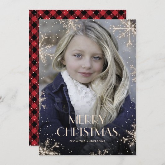 スパークリー赤バッファローのプレイド写真クリスマスカード シーズンカード (正面/裏面)
