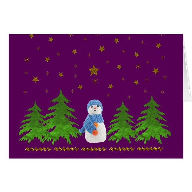 スパークリー金ゴールドの星、雪だるま、緑の木 (正面横)