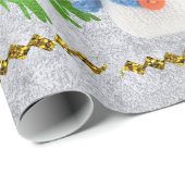 スパークリー金ゴールドの星、雪だるま、緑の木 ラッピングペーパー (ロールコーナー)