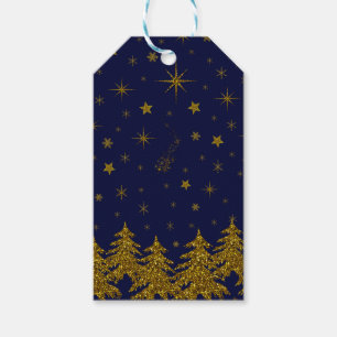 スパークリー金ゴールドクリスマスツリー、星、雪、青  ギフトタグ