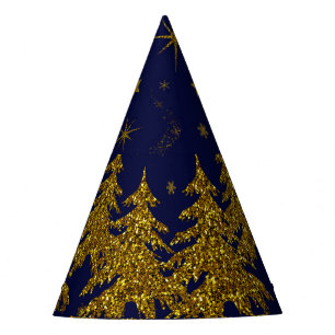 スパークリー金ゴールドクリスマスツリー、星、雪、青 パーティーハット