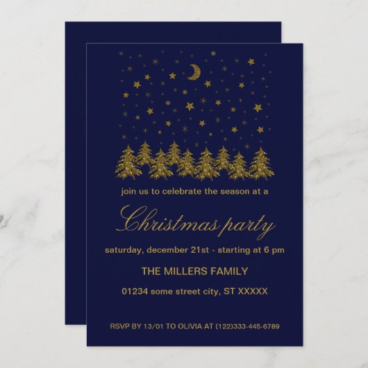 スパークリー金ゴールドクリスマスホリデーパーティー 招待状 (正面/裏面)