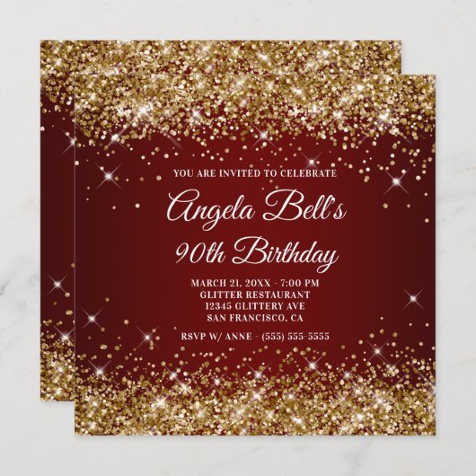 スパークリー金ゴールドグリッターダークレッド90誕生日 招待状 (正面/裏面)