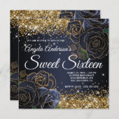 スパークリー金ゴールドグリッターネイビーブルーバラSweet sixteen 招待状 (正面/裏面)