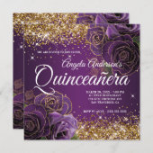 スパークリー金ゴールドグリッターパープルバラキンセアニラ 招待状 (正面/裏面)