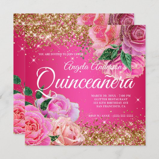 スパークリー金ゴールドグリッターピンクローズグラムキンセアニラ 招待状 (正面/裏面)