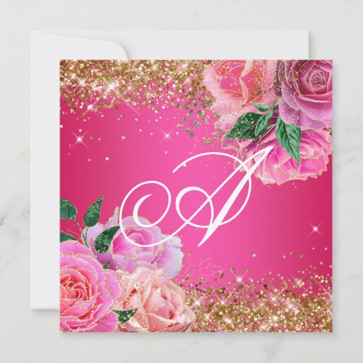 スパークリー金ゴールドグリッターピンクローズグラムスウィート16 招待状 (裏面)