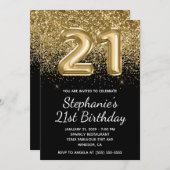 スパークリー金ゴールドグリッターブラックバルーン21st誕生日 招待状 (正面/裏面)
