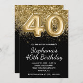 スパークリー金ゴールドグリッターブラックバルーン40歳の誕生日 招待状 (正面/裏面)