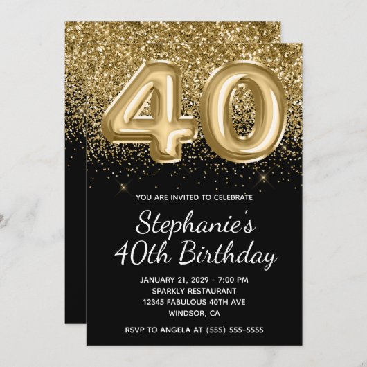 スパークリー金ゴールドグリッターブラックバルーン40歳の誕生日 招待状 (正面/裏面)