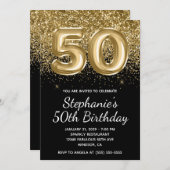 スパークリー金ゴールドグリッターブラックバルーン50誕生日 招待状 (正面/裏面)