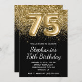 スパークリー金ゴールドグリッターブラックバルーン75誕生日 招待状 (正面/裏面)