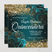 スパークリー金ゴールドグリッターブルーティール（緑がかった色）バラキンセアニラ 招待状 (正面/裏面)