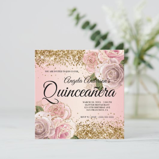 スパークリー金ゴールドグリッター赤面ピンクフローラキンセアニラ 招待状 (スタンド正面)