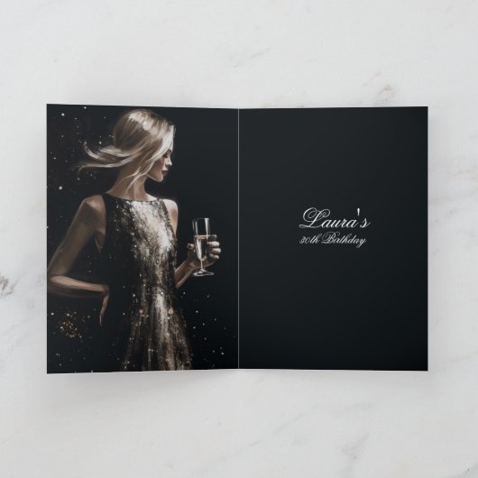 スパークリー金ゴールドドレス黒い背景の誕生日パーティー 招待状 (内部)