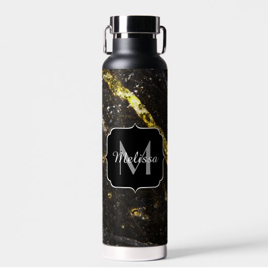 スパークリー金ゴールドブラックシック抽象芸術モノグラム ウォーターボトル (正面)