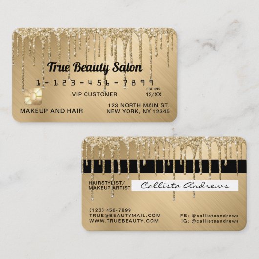 スパークリー金ゴールドメタリックグリッタードリップクレジット 名刺 (正面/裏面)