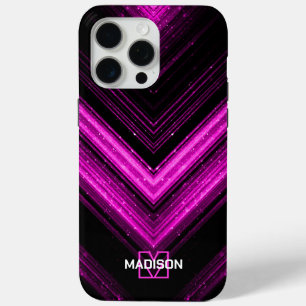 スパークリー金属ネオンホットピンクシェブロンモノグラム iPhone 15 PRO MAXケース